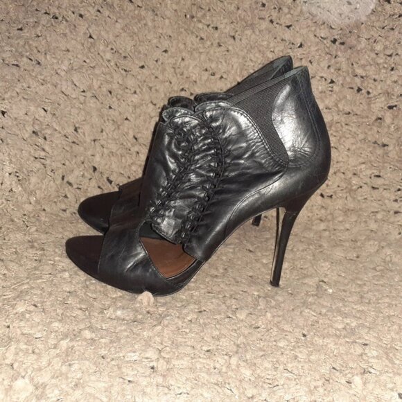 ALLSAINTS-Arachine-Black Leather Braided-Peep Toe-Gusset Booties-Sz 37-Excellent - Picture 2 of 7